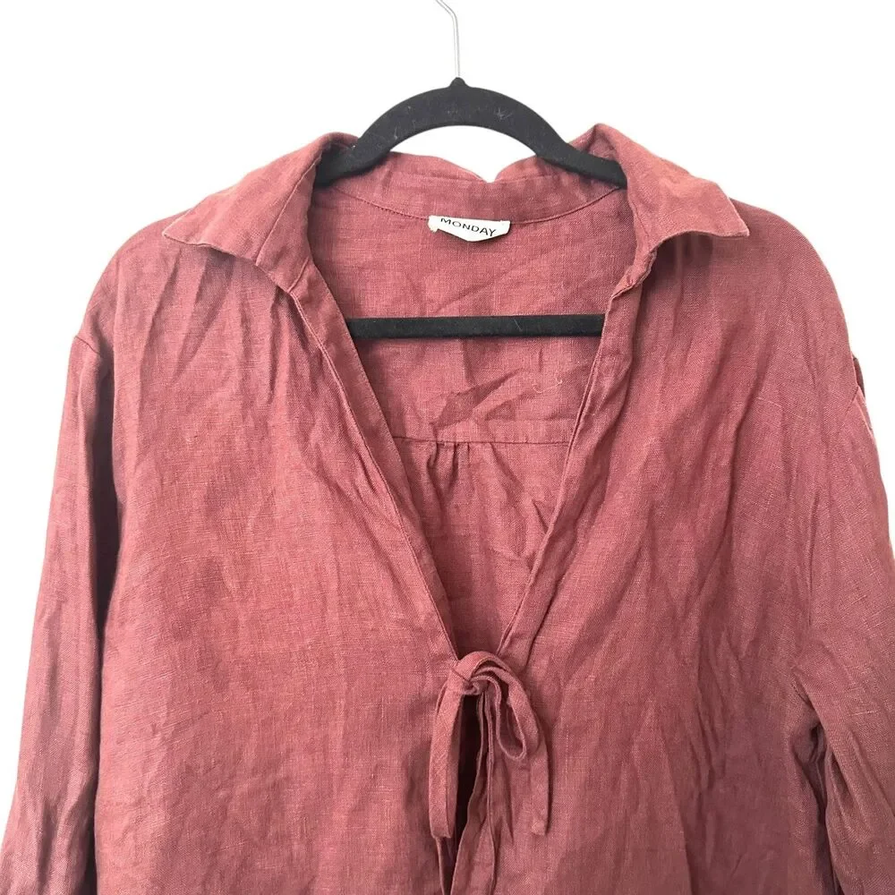 MONDAY SWIMWEAR Linen Tie Front‎ Tunic Maroon Medium - Picture 5 of 6